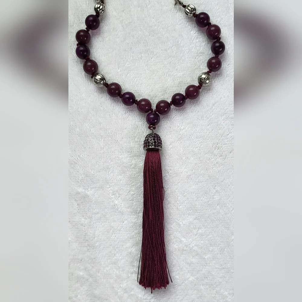 CATO Purple and Silver Beaded Tassel Drop Necklace